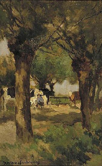Jan Hendrik Weissenbruch Milking cows underneath the willows Norge oil painting art